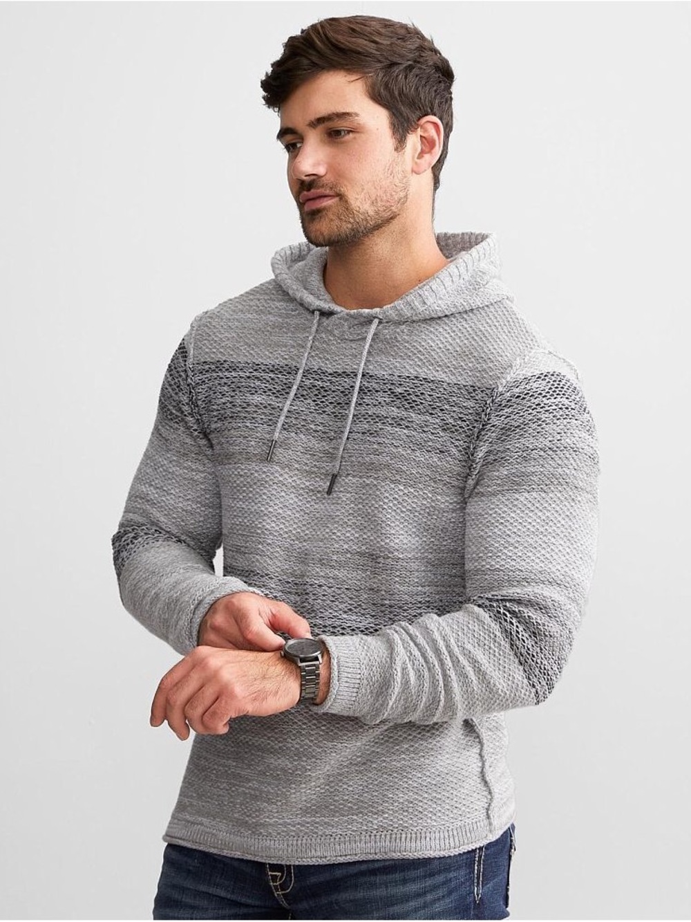 Buckle BKE Gray Yarn Cotton Hooded Knit Men’s Pullover